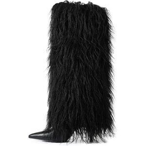Womens Black Fur Knee High Boots with Heels Wide Calf Tall Fold Over Party Boots